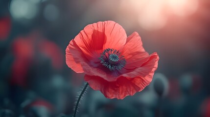 Vivid Red Poppy Flower with Delicate Petals and a Dark Center, Bathed in Soft Light Against a Muted Blue-Green Background, Creating a Serene and Dreamy Floral Scene