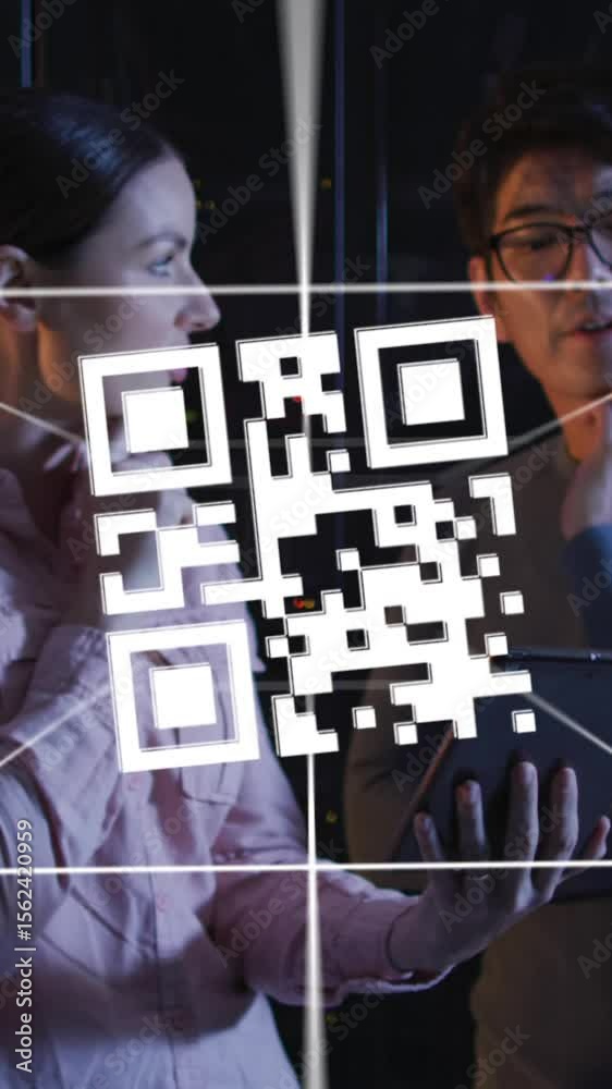 Poster animation of digital data processing and qr code over two diverse server room workers
