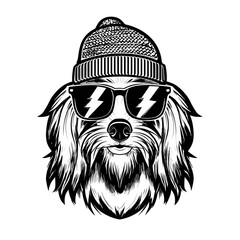A cool dog wearing sunglasses and a hat isolated on transparent background