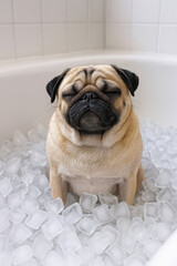 Mops in Badewanne mit Eis