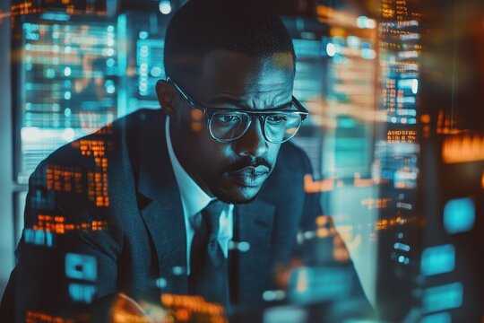 Financial data processing showcasing an African American professional engaged in analytical work at a modern office, financial data processing over african american businessman in office - Powered by Adobe
