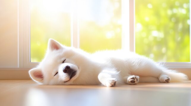 Adult Samoyed lying contentedly on wooden floor near sunlit window - Powered by Adobe