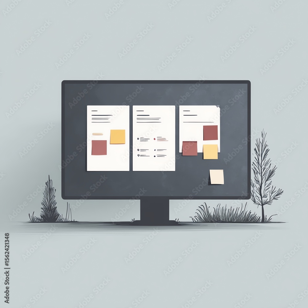 Fototapete a minimalist illustration of a computer monitor displaying documents with sticky notes, set against 