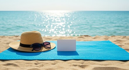 Obraz premium Straw hat with sunglasses and a blank white card on a blue mat on a sandy beach. Sun shining on the sea. Summer holiday for vacation.