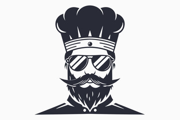 Monochrome chef with a large beard and sunglasses wears a traditional puffy toque