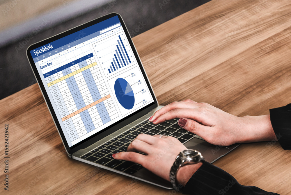 Poster spreadsheet document information financial startup concept. data and graphs in spreadsheet documents