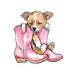 Puppy sleeping on pink cowboy boots isolated on transparent background