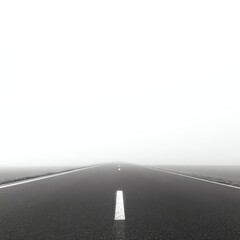 A long, empty road fades into dense fog, creating a mysterious and minimalistic scene with a strong sense of depth and isolation.