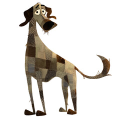 Cartoon dog with patchwork design isolated on transparent background