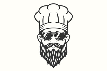 Monochrome chef with round sunglasses sports a mustache and beard icon illustration