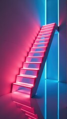 A glowing neon staircase illuminated by pink and blue lights in a modern, futuristic environment. backdrop