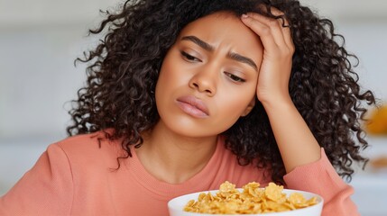 Woman Expressing Concern Over Breakfast Cereal