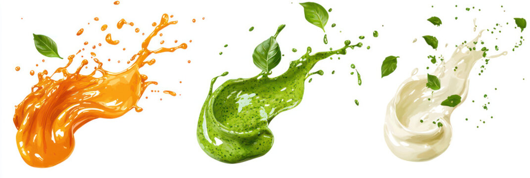 Cutout of set of 3 subjects: sweet chili sauce, vibrant green pesto sauce, and creamy ranch dressing splashing in dynamic arcs, isolated on a PNG transparent background