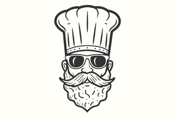 Line art shows a chef with a big beard and cool sunglasses wearing hat