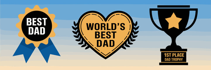 Best dad ribbon, world’s best dad badge, and 1st place trophy – Ideal for Father’s Day promotions, printable decorations, or gift packaging