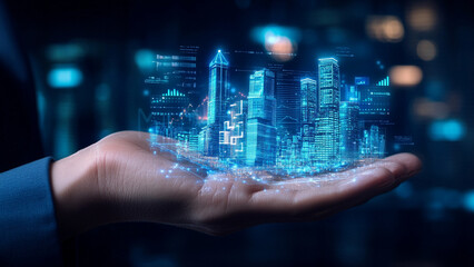 Businessman hand touching virtual button on digital touchscreen interface