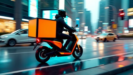Electric motorcycle food delivery on rainy city street