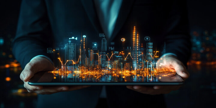 Businessman holding a tablet with a growth graph and icons of money - Powered by Adobe