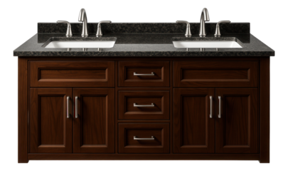 A dual-sink vanity cabinet with a granite top, providing ample storage in a large suburban bathroom.