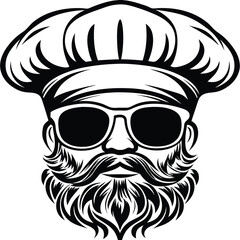 Monochrome chef with sunglasses features a bushy beard and stylish toque in black and white