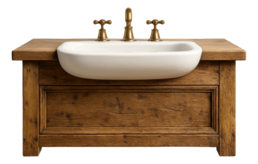 Console under sink crafted from reclaimed wood, adding rustic charm to a cottage-style washroom.