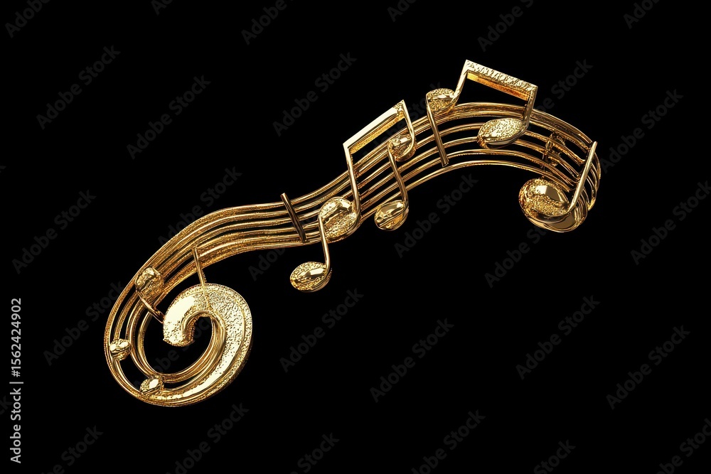 Poster gold music note design with curved lines and flowing shapes on a black background, gold music note c