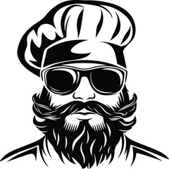 Isolated black silhouette shows a bearded chef wearing a hat and dark glasses