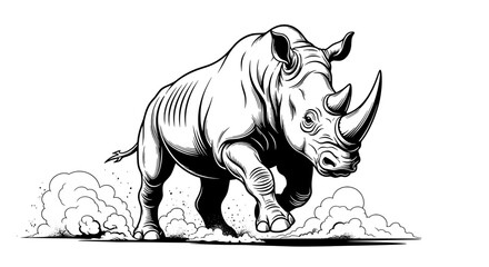 Fototapeta premium Charging Rhinoceros Power Pose – Black & White Clipart 