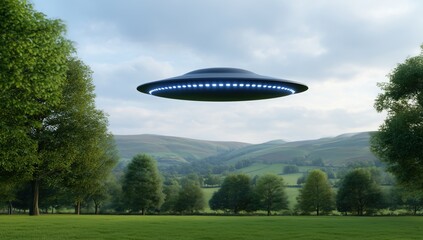 Mysterious UFO Descending Over Serene Landscape