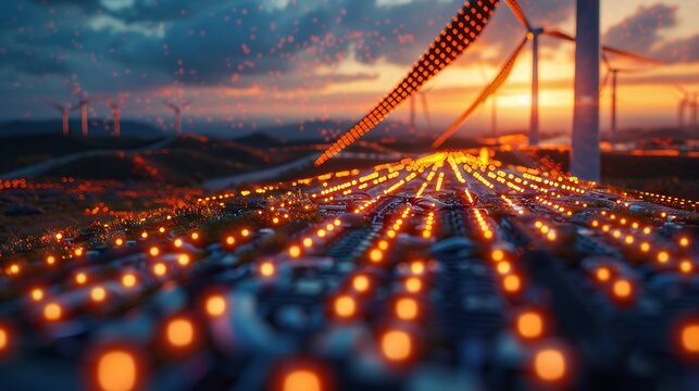 Futuristic AI controlled wind turbines generating sustainable energy cybernetic optimization algorithms visualized glowing data streams