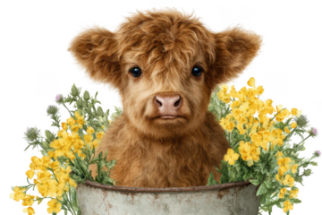 Adorable highland cow calf with yellow flowers in a bucket isolated on transparent background