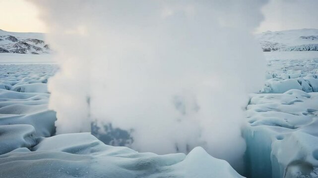 Geothermal steam venting from icy glacier landscape in winter