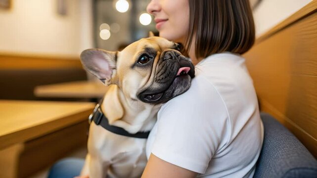 French bulldog licks woman chin inside modern cafe booth, lively french bulldog wags tail, loving french bulldog sparks cafe smiles. Concept urban pet culture