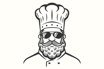 Stylish chef with sunglasses and detailed beard exudes culinary confidence in monochrome illustration