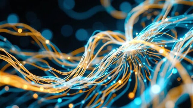 Close-up of glowing circuit lines bending and twisting like digital veins