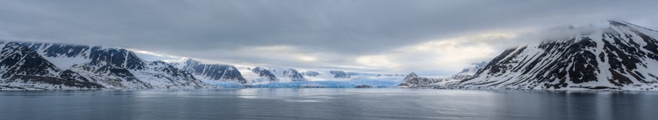 A panorama of a glacier in the Svalbard archipelago