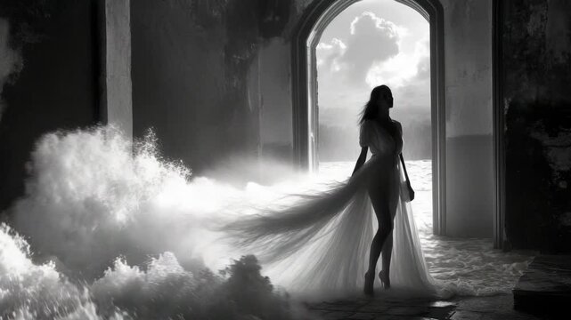 Elegant Woman in White Dress Standing in Archway