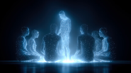 A group hologram of people in a dark room. It is a symbol of cooperation between AI agents and humans to work in teamwork