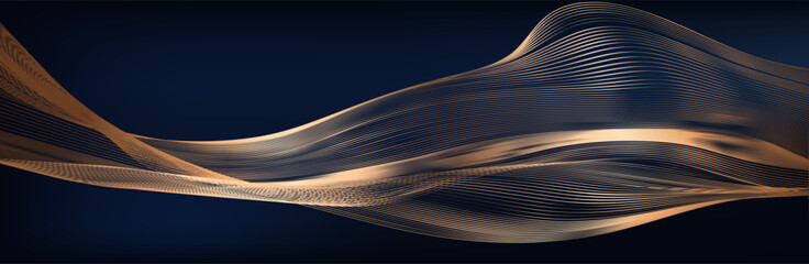 Gold wave lines on dark blue background with lighting effect and glitter with copy space for text. Luxury design style. Vector illustration