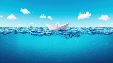 A white boat is floating in the ocean. The water is blue and the sky is cloudy. The boat is the only thing visible in the image. Oneiric image