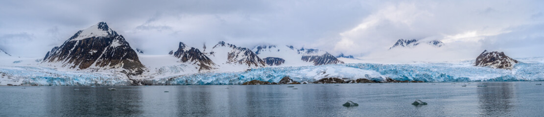A panorama of a glacier in the Svalbard archipelago