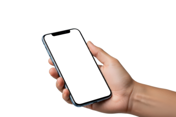 Hand holding blank smartphone screen, PNG isolated on transparent background, mobile display concept