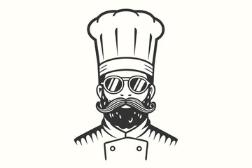 Monochromatic chef with round sunglasses and a tall hat stands poised for culinary art