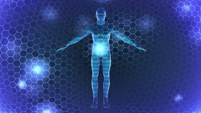 Holographic man inside glowing blue hexagonal force field barrier, front static view. Hex particle impacts bounce off barrier with glowing effects; futuristic sci-fi texture and blue light.