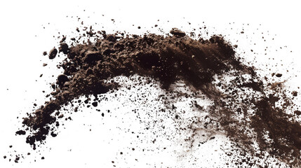Dark brown soil explodes across a transparent background, its particles scattered in a dynamic, textured pattern