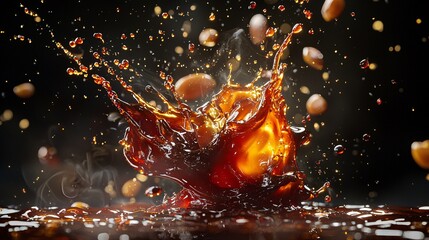 An abstract explosion of soy sauce and barbecue sauce in mid-air, with dramatic backlighting highlighting the glossy textures and rich colors.