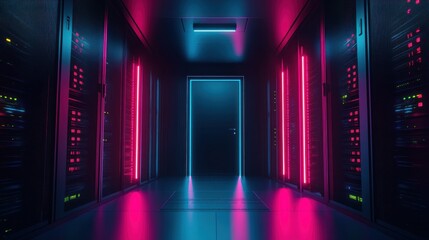 Futuristic server room illuminated by neon