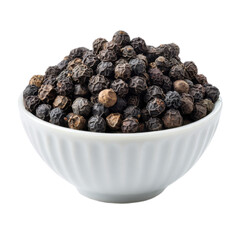 Bowl of black pepper is shown on a white background