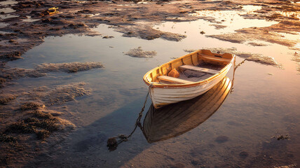 A small wooden boat tethered in calm tide pools
