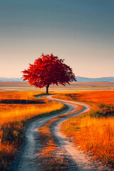 A tree with red autumn leaves in a golden field